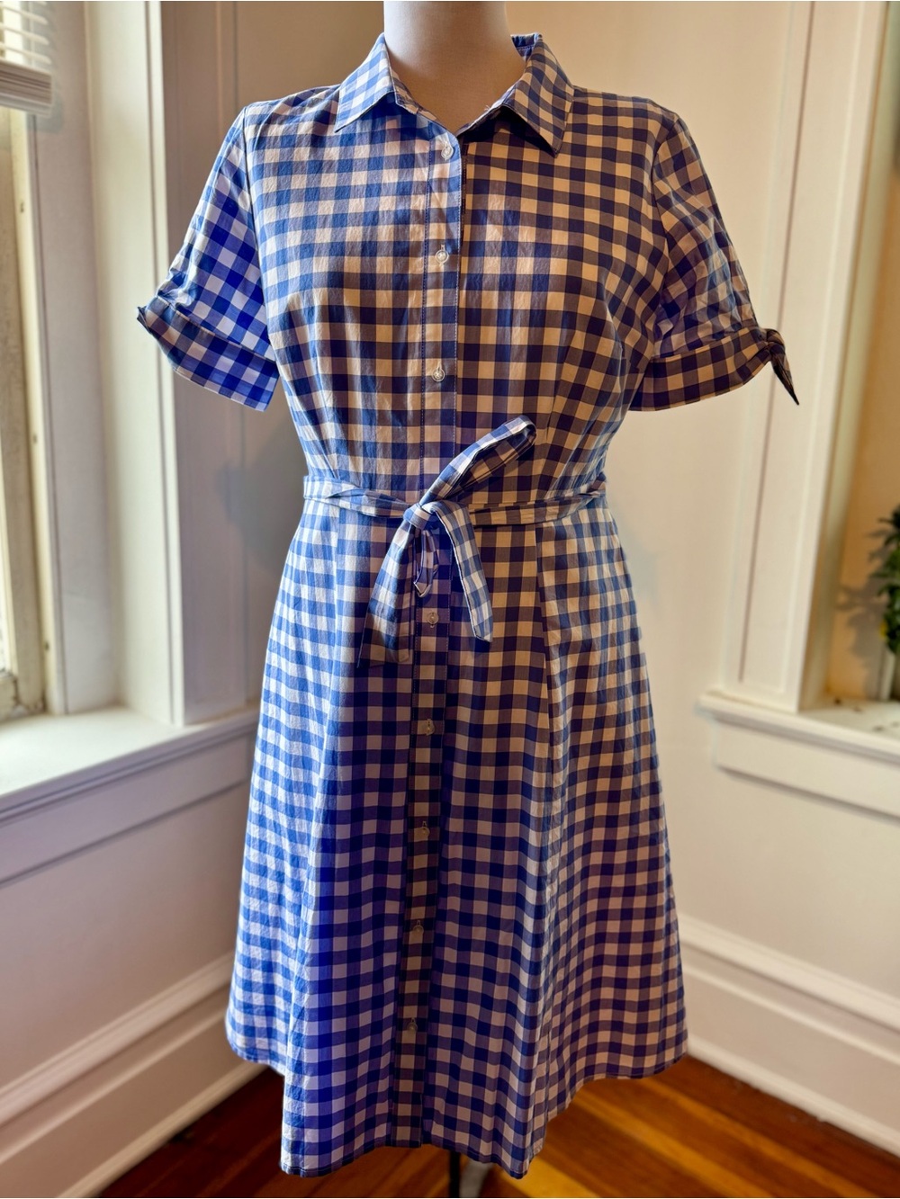 Talbots Blue and White Gingham Tie-Waist Shirt Dress